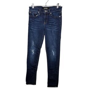 Express Women's Dark Wash Distressed Super Skinny Mid Rise Jeans 4 regular